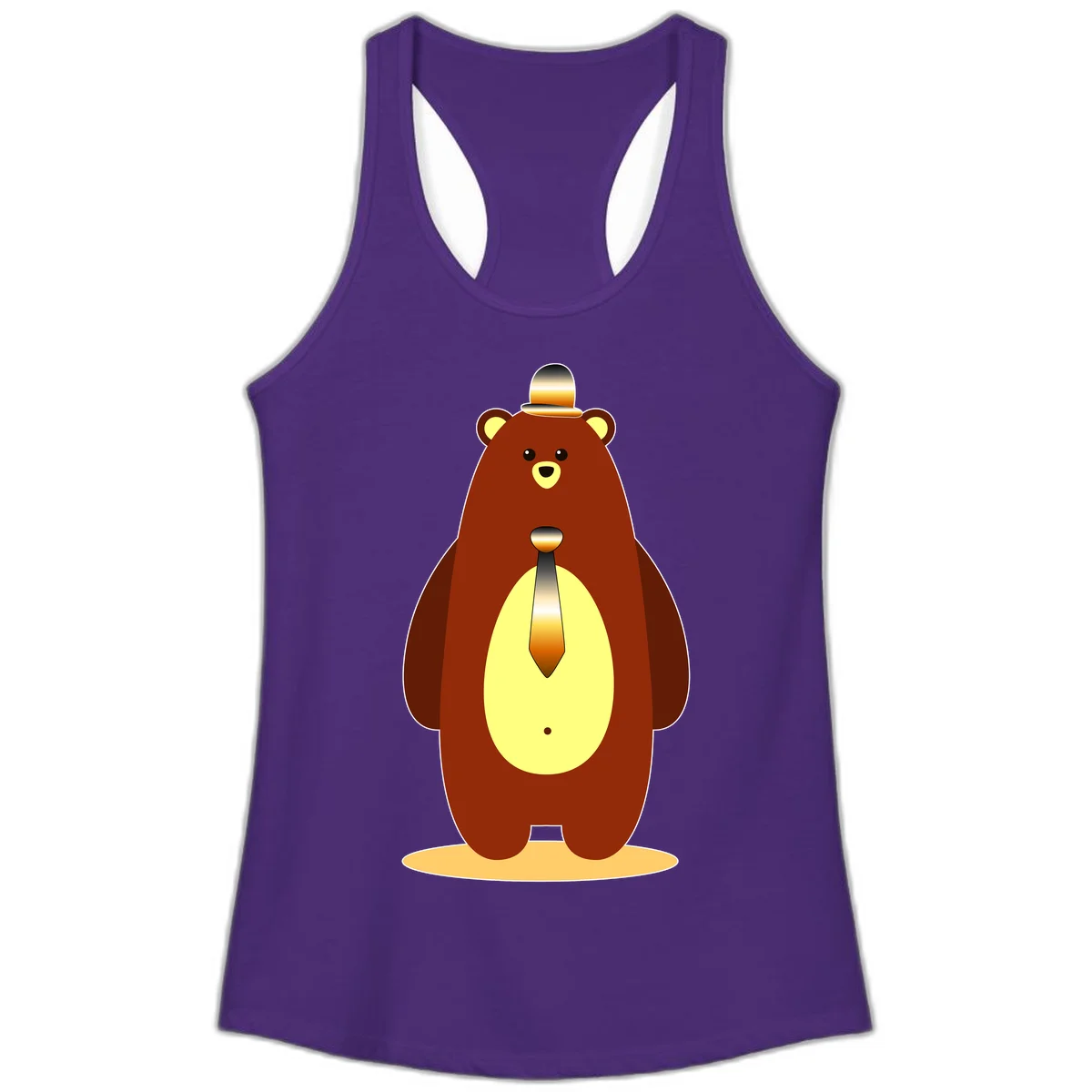 Illustration of a dapper-bear-formal in brown with golden top hat and matching tie, featuring a friendly expression and cream belly patch in Solid Purple Rush