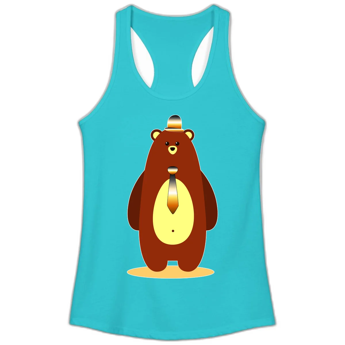 Illustration of a dapper-bear-formal in brown with golden top hat and matching tie, featuring a friendly expression and cream belly patch in Solid Tahiti Blue
