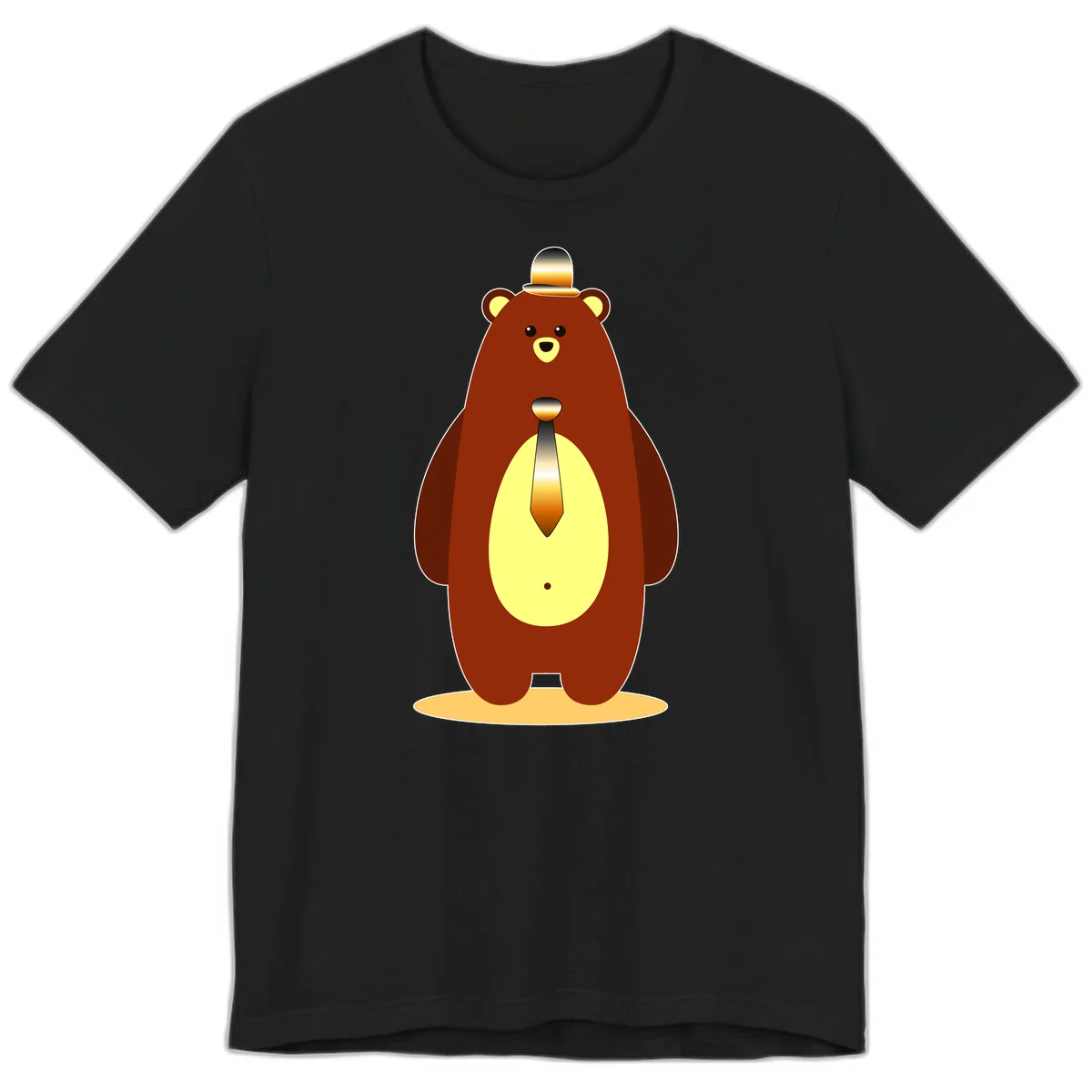 Illustration of a dapper-bear-formal in brown with golden top hat and matching tie, featuring a friendly expression and cream belly patch in Black