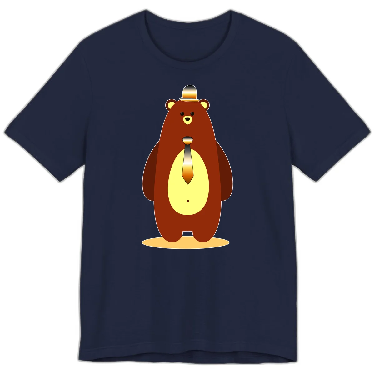 Illustration of a dapper-bear-formal in brown with golden top hat and matching tie, featuring a friendly expression and cream belly patch in Navy