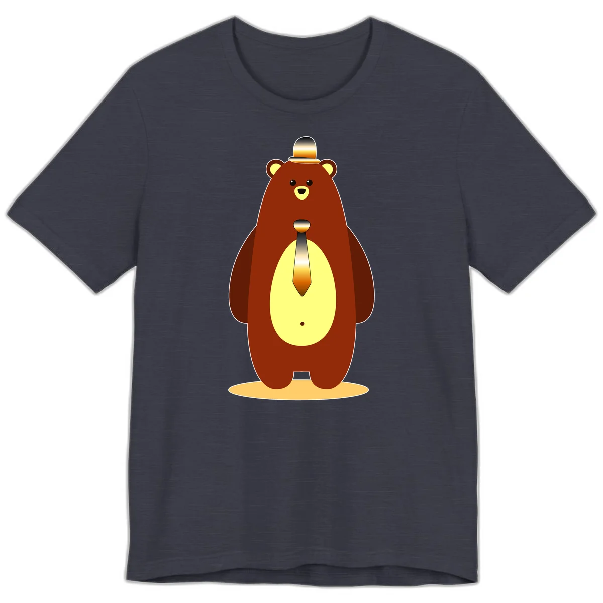 Illustration of a dapper-bear-formal in brown with golden top hat and matching tie, featuring a friendly expression and cream belly patch in Heather Midnight Navy