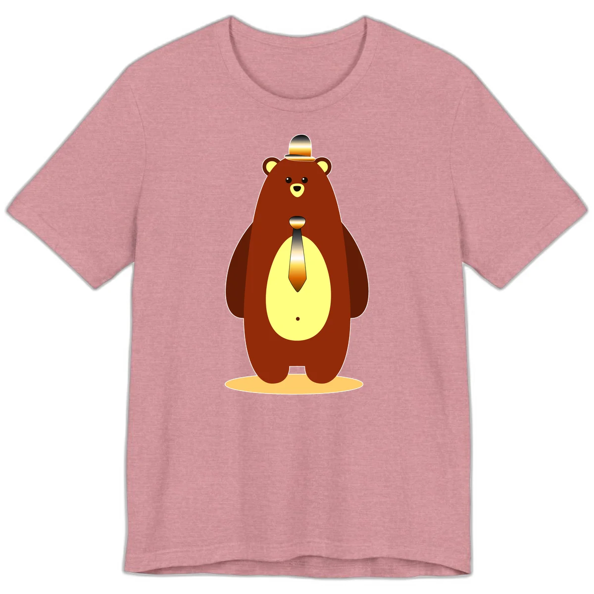 Illustration of a dapper-bear-formal in brown with golden top hat and matching tie, featuring a friendly expression and cream belly patch in Heather Orchid