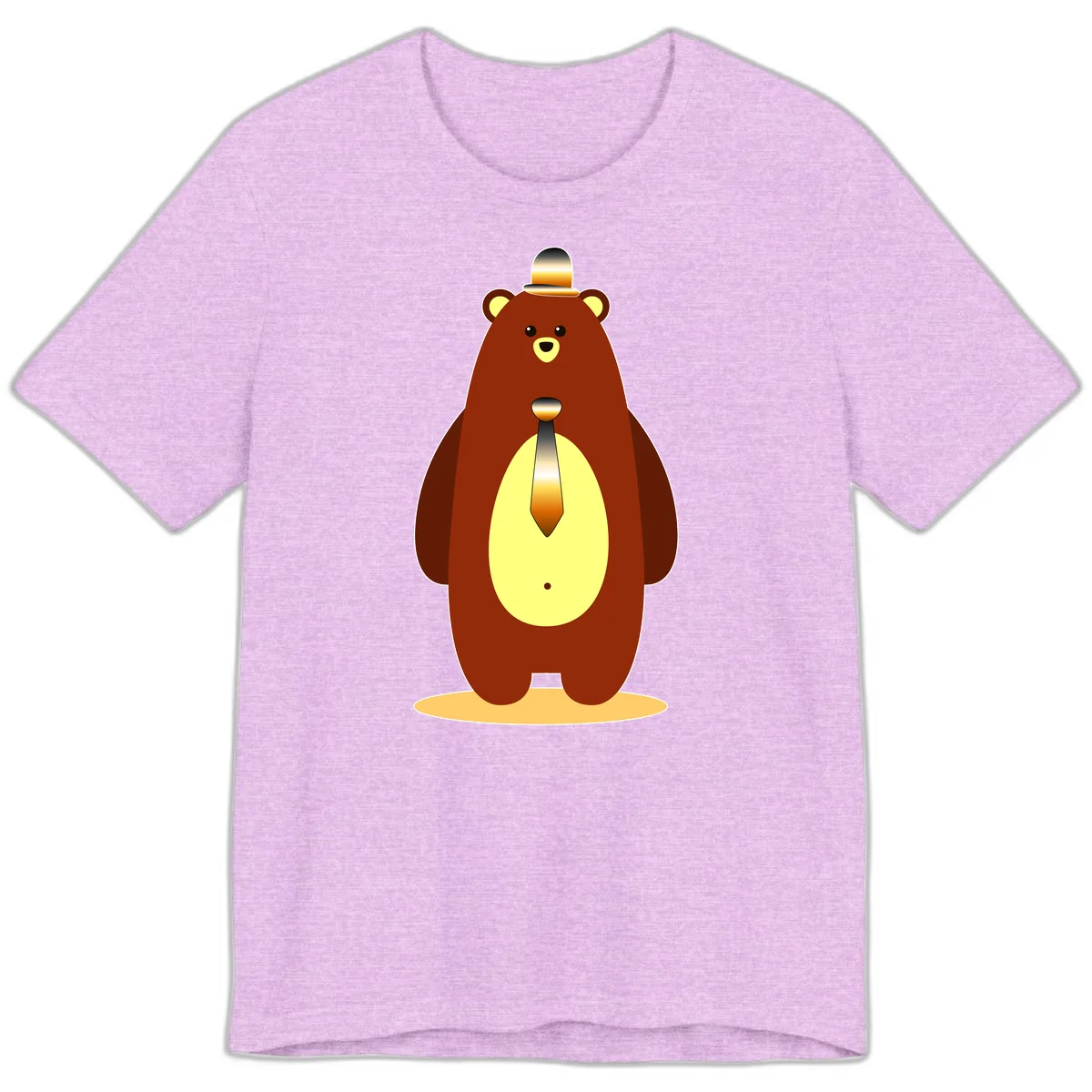 Illustration of a dapper-bear-formal in brown with golden top hat and matching tie, featuring a friendly expression and cream belly patch in Heather Prism Lilac