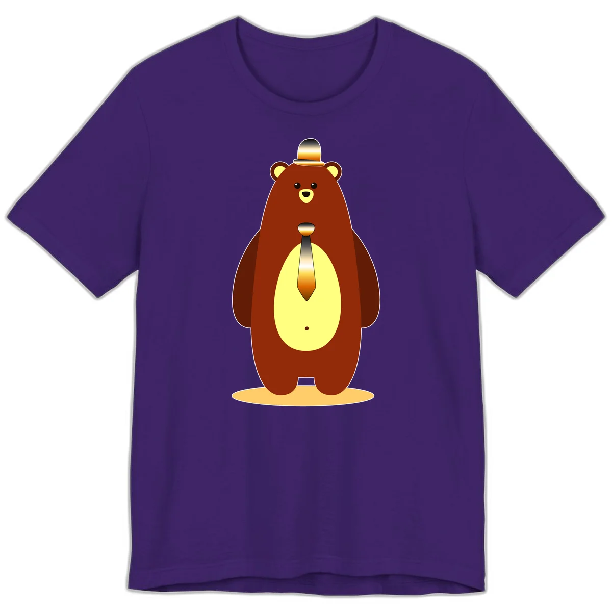 Illustration of a dapper-bear-formal in brown with golden top hat and matching tie, featuring a friendly expression and cream belly patch in Team Purple