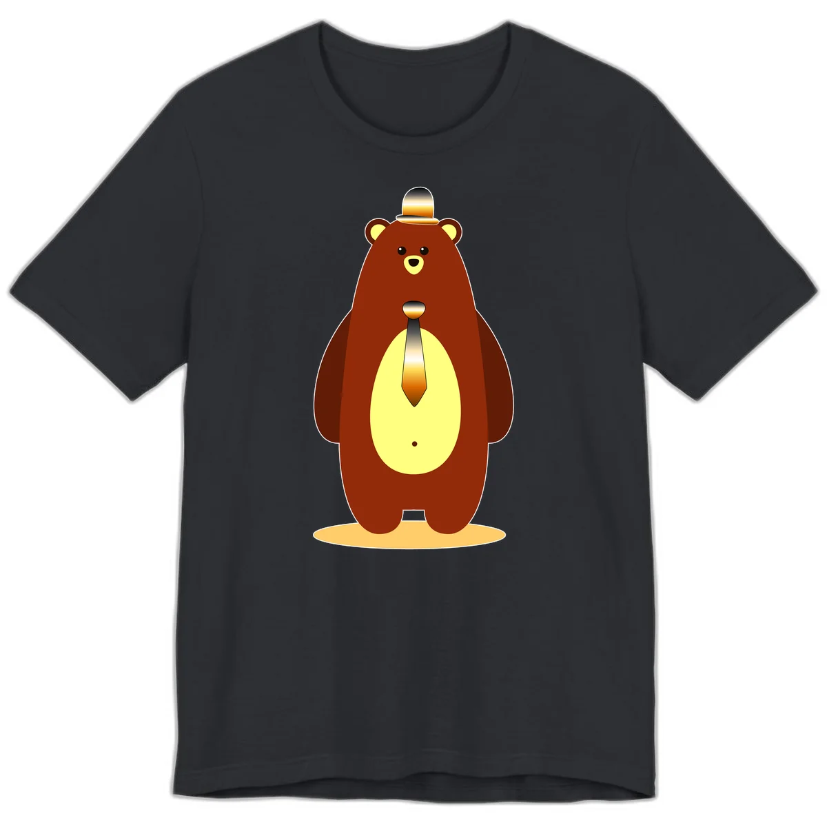 Illustration of a dapper-bear-formal in brown with golden top hat and matching tie, featuring a friendly expression and cream belly patch in Vintage Black