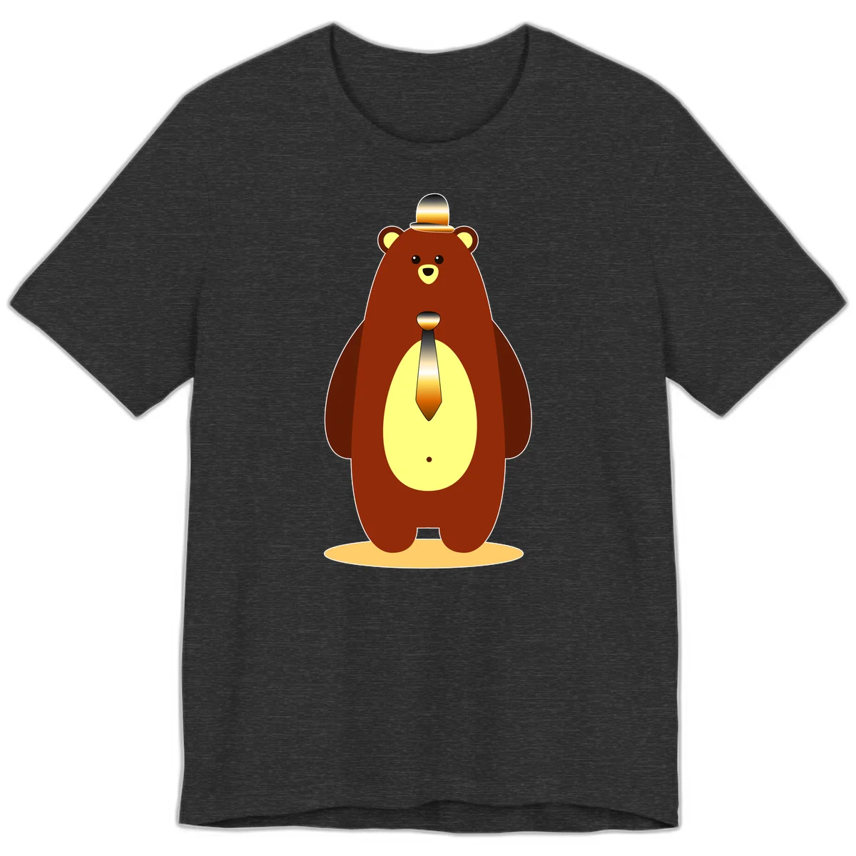 Illustration of a dapper-bear-formal in brown with golden top hat and matching tie, featuring a friendly expression and cream belly patch in Dark Grey Heather