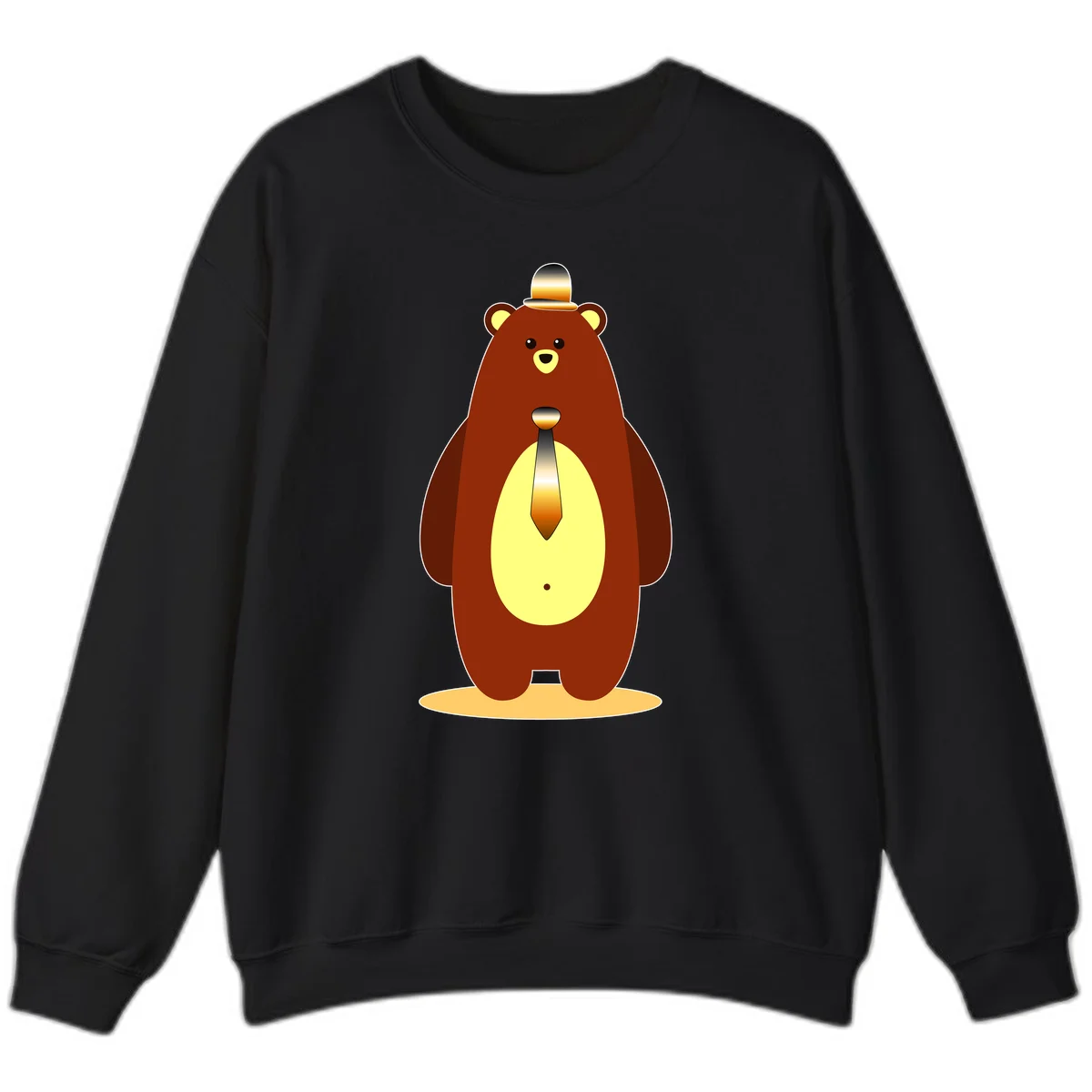 Illustration of a dapper-bear-formal in brown with golden top hat and matching tie, featuring a friendly expression and cream belly patch in Black