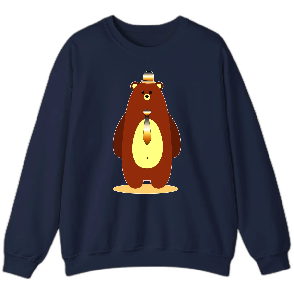 Illustration of a dapper-bear-formal in brown with golden top hat and matching tie, featuring a friendly expression and cream belly patch in Navy