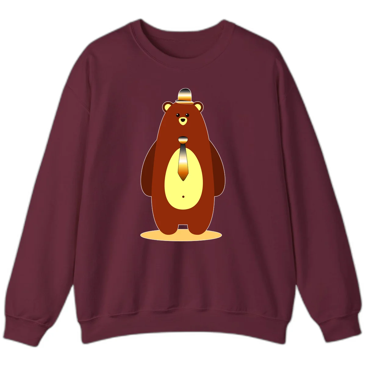 Illustration of a dapper-bear-formal in brown with golden top hat and matching tie, featuring a friendly expression and cream belly patch in Maroon