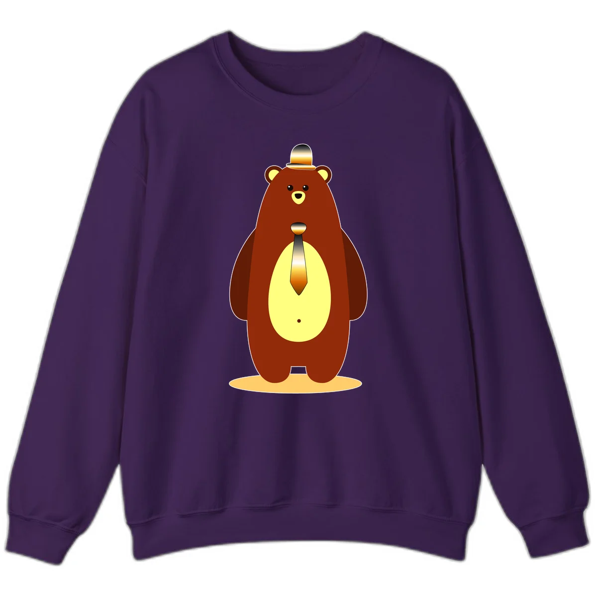 Illustration of a dapper-bear-formal in brown with golden top hat and matching tie, featuring a friendly expression and cream belly patch in Purple