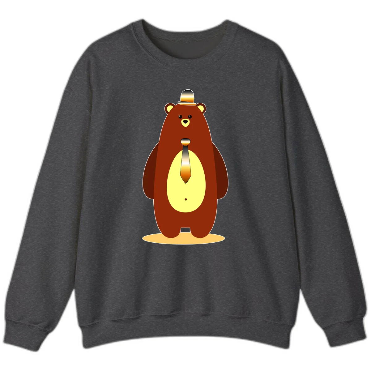 Illustration of a dapper-bear-formal in brown with golden top hat and matching tie, featuring a friendly expression and cream belly patch in Dark Heather