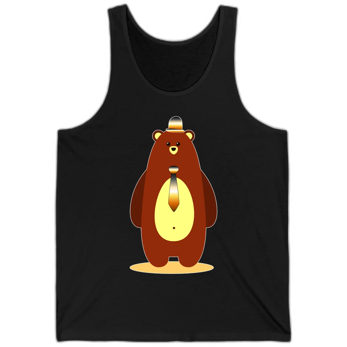 Illustration of a dapper-bear-formal in brown with golden top hat and matching tie, featuring a friendly expression and cream belly patch in Black