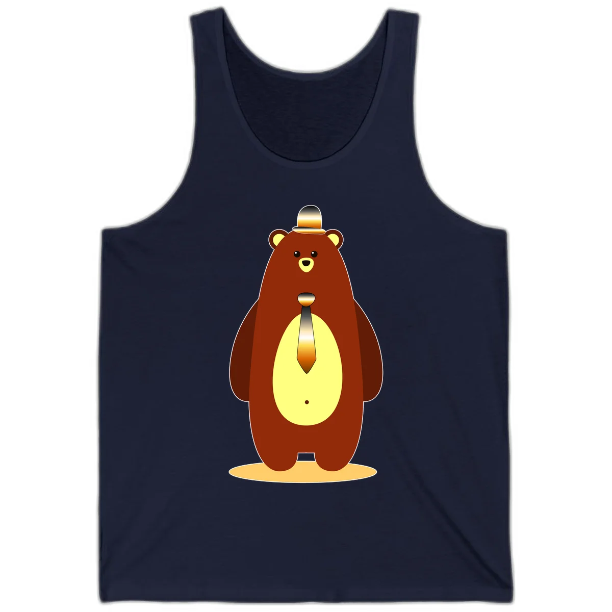 Illustration of a dapper-bear-formal in brown with golden top hat and matching tie, featuring a friendly expression and cream belly patch in Navy