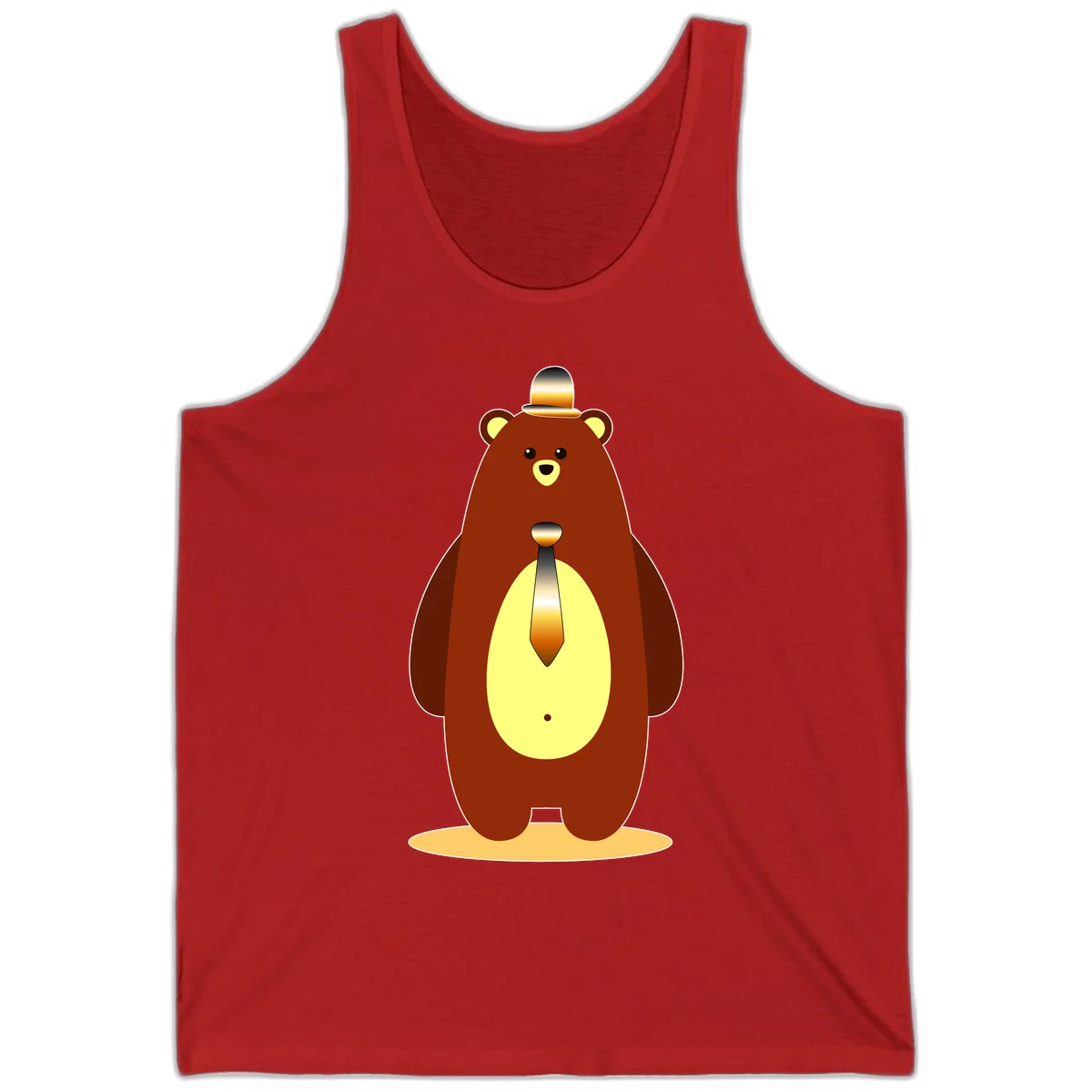Illustration of a dapper-bear-formal in brown with golden top hat and matching tie, featuring a friendly expression and cream belly patch in Red