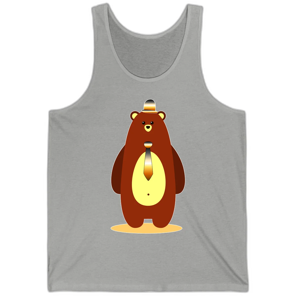 Illustration of a dapper-bear-formal in brown with golden top hat and matching tie, featuring a friendly expression and cream belly patch in Athletic Heather