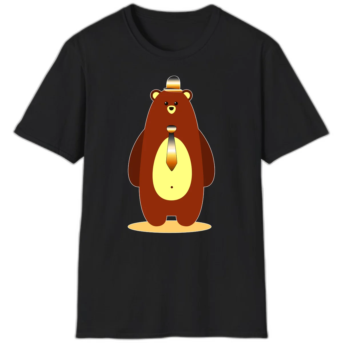 Illustration of a dapper-bear-formal in brown with golden top hat and matching tie, featuring a friendly expression and cream belly patch in Black