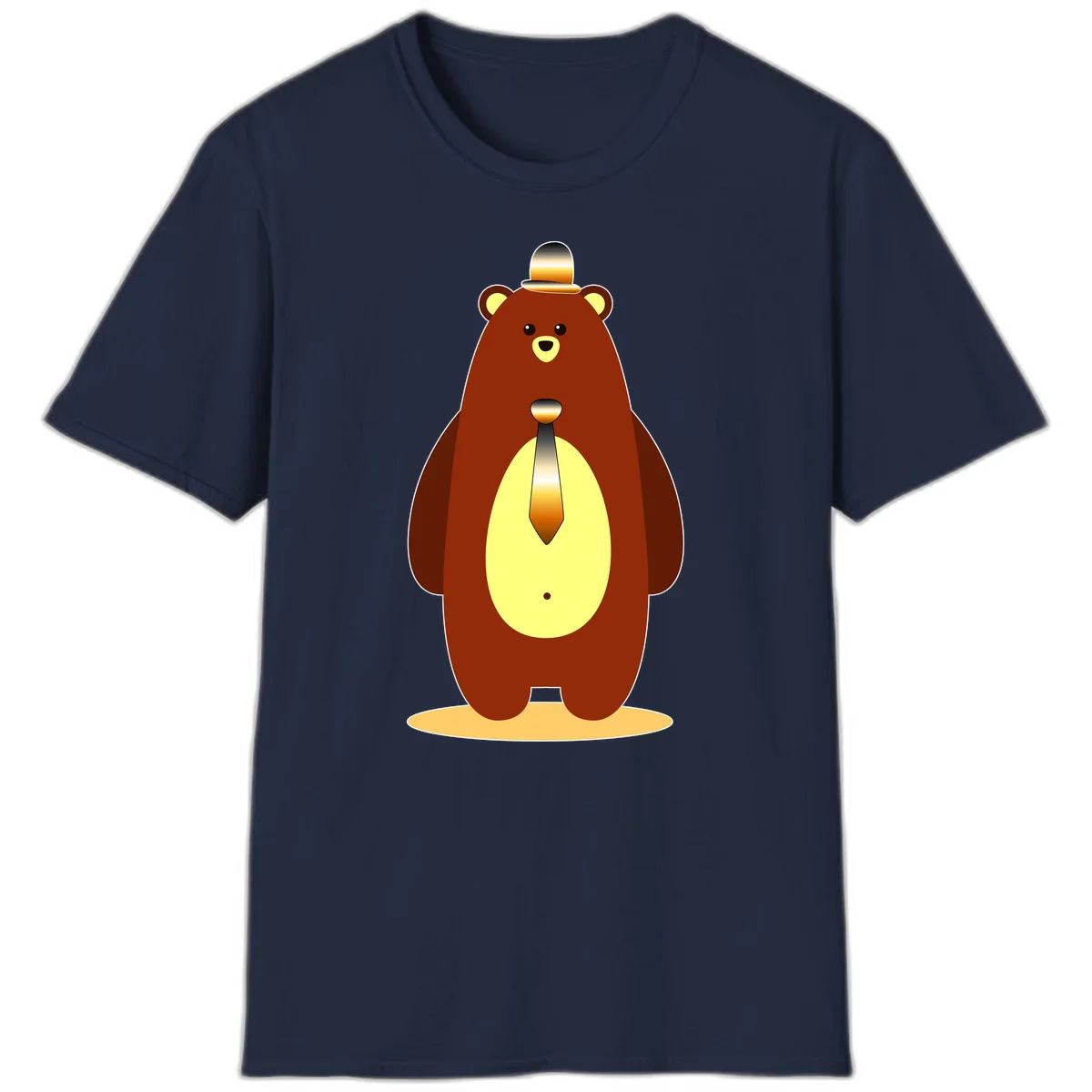 Illustration of a dapper-bear-formal in brown with golden top hat and matching tie, featuring a friendly expression and cream belly patch in Navy