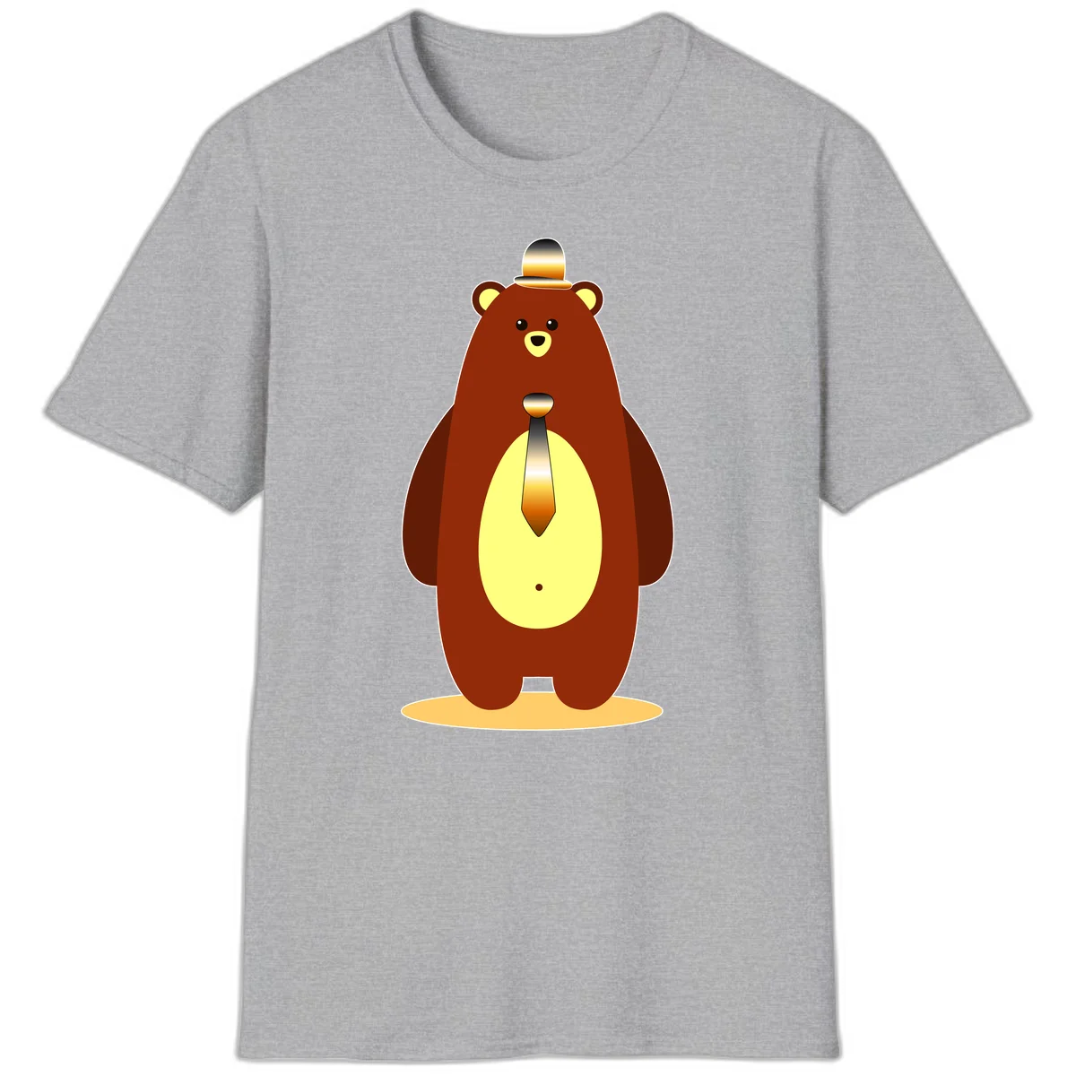 Illustration of a dapper-bear-formal in brown with golden top hat and matching tie, featuring a friendly expression and cream belly patch in Sport Grey