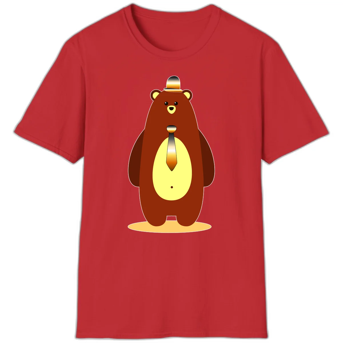 Illustration of a dapper-bear-formal in brown with golden top hat and matching tie, featuring a friendly expression and cream belly patch in Red