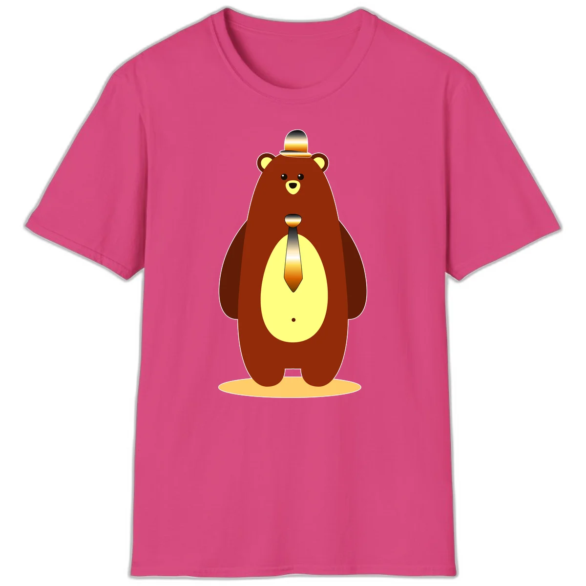 Illustration of a dapper-bear-formal in brown with golden top hat and matching tie, featuring a friendly expression and cream belly patch in Heliconia