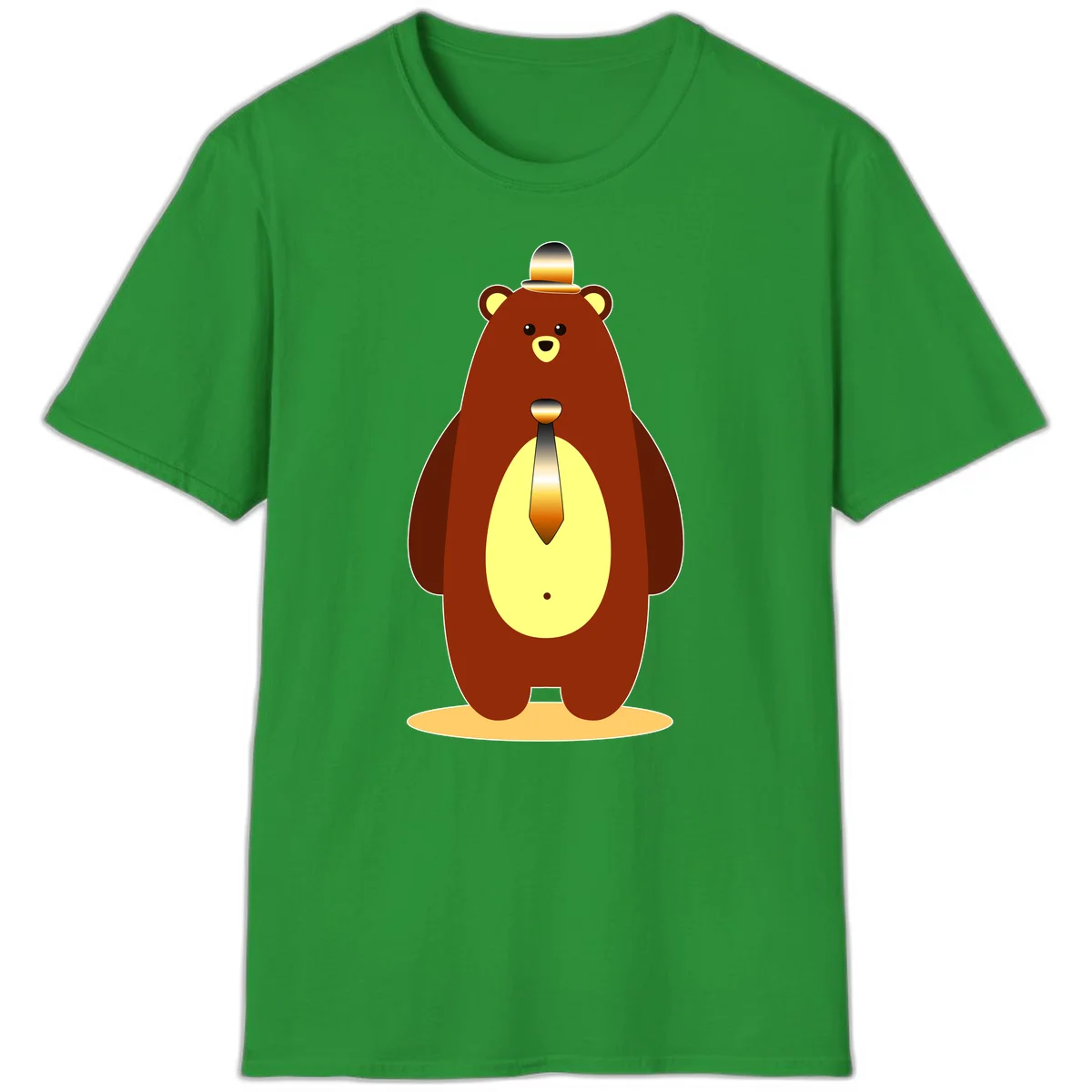 Illustration of a dapper-bear-formal in brown with golden top hat and matching tie, featuring a friendly expression and cream belly patch in Irish Green