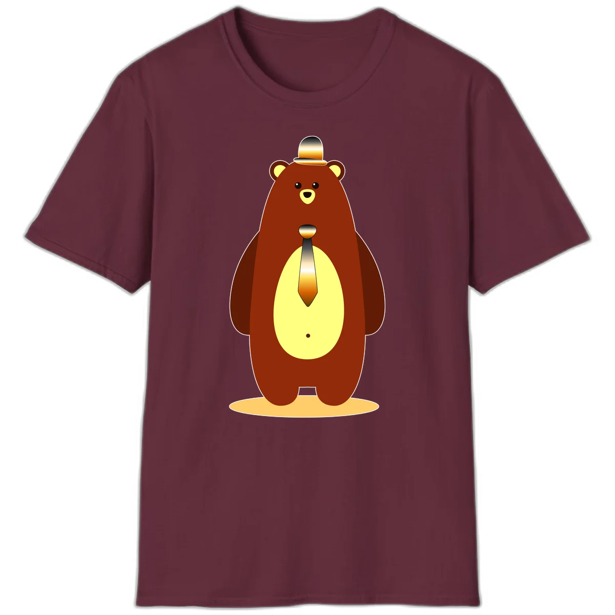 Illustration of a dapper-bear-formal in brown with golden top hat and matching tie, featuring a friendly expression and cream belly patch in Maroon