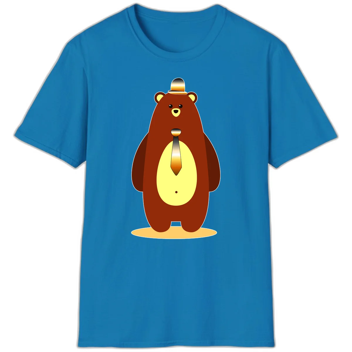 Illustration of a dapper-bear-formal in brown with golden top hat and matching tie, featuring a friendly expression and cream belly patch in Sapphire