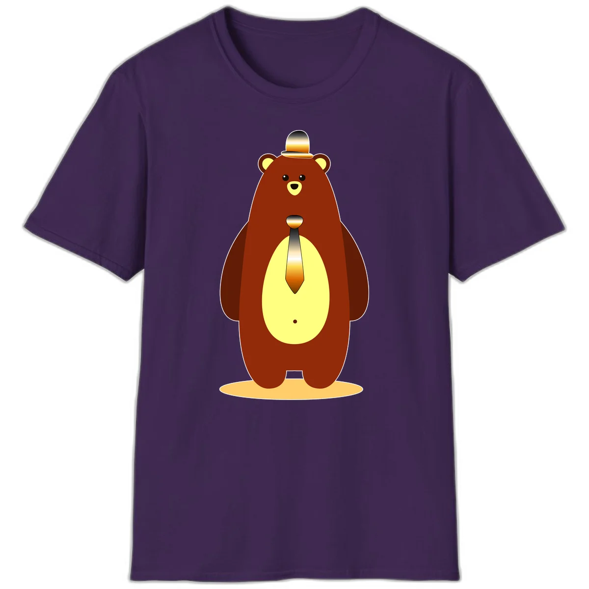 Illustration of a dapper-bear-formal in brown with golden top hat and matching tie, featuring a friendly expression and cream belly patch in Purple