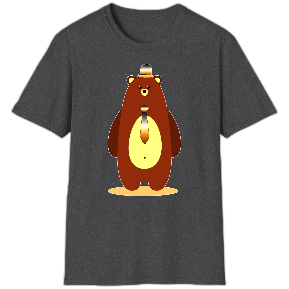 Illustration of a dapper-bear-formal in brown with golden top hat and matching tie, featuring a friendly expression and cream belly patch in Dark Heather