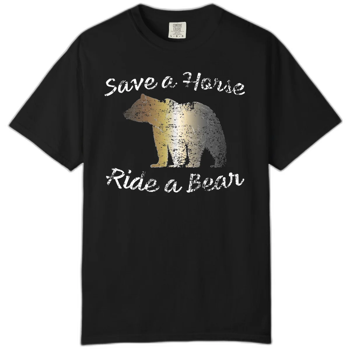 Distressed grunge bear illustration in orange and yellow with 'Save a Bear' text for wildlife conservation awareness in Black