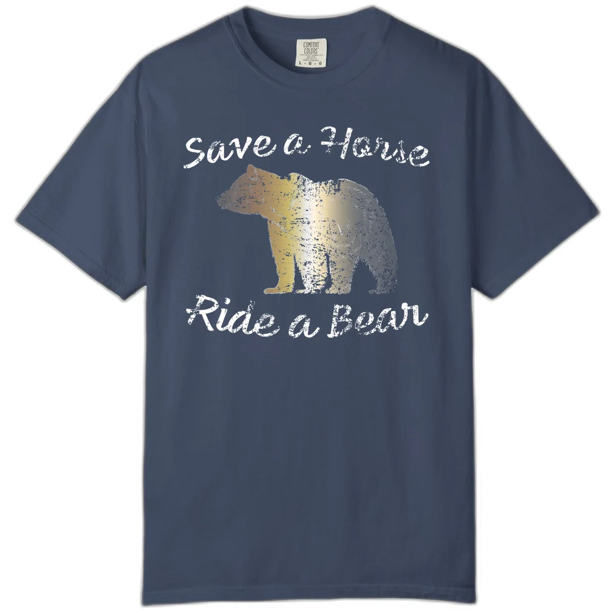 Distressed grunge bear illustration in orange and yellow with 'Save a Bear' text for wildlife conservation awareness in Midnight