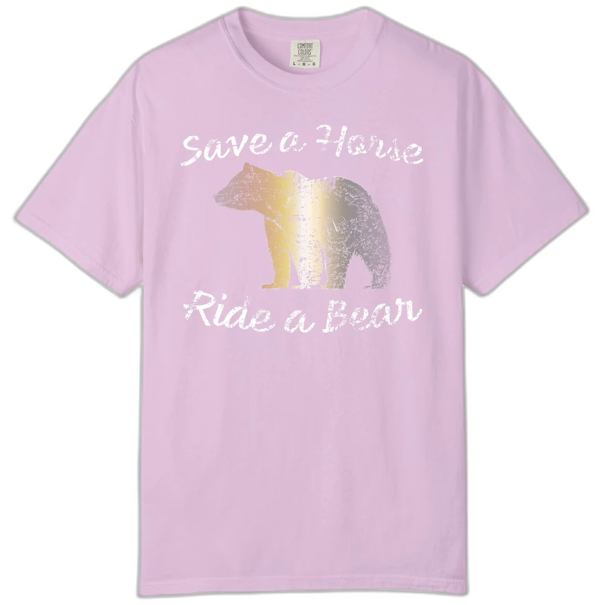 Distressed grunge bear illustration in orange and yellow with 'Save a Bear' text for wildlife conservation awareness in Orchid