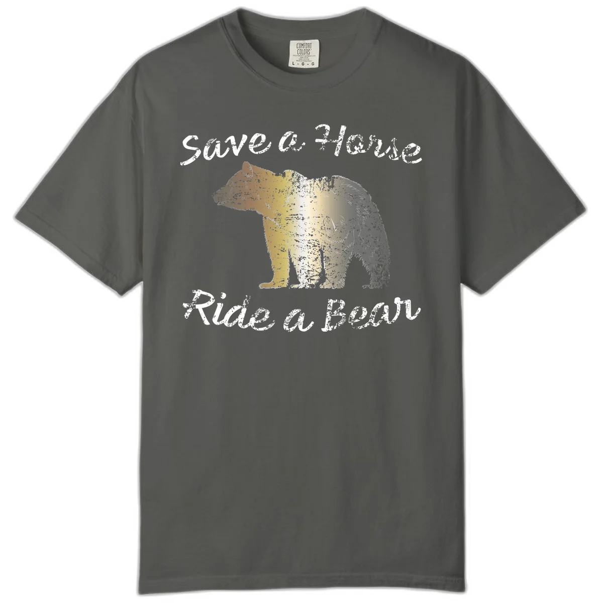 Distressed grunge bear illustration in orange and yellow with 'Save a Bear' text for wildlife conservation awareness in Pepper