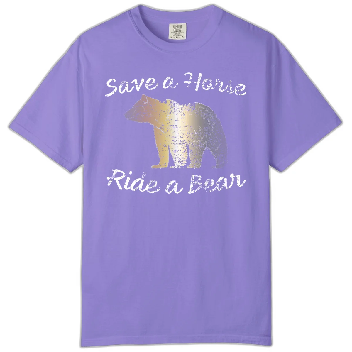Distressed grunge bear illustration in orange and yellow with 'Save a Bear' text for wildlife conservation awareness in Violet