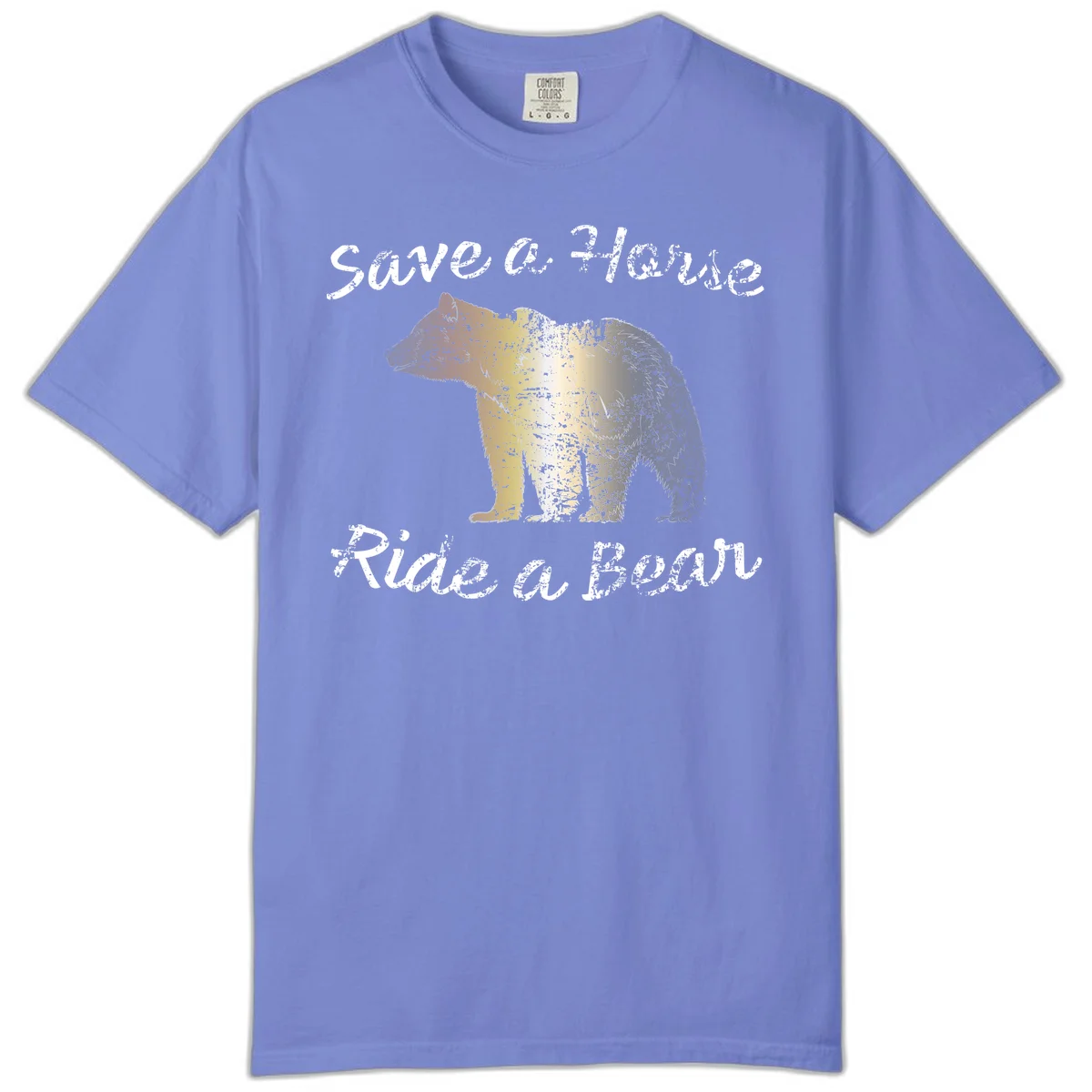 Distressed grunge bear illustration in orange and yellow with 'Save a Bear' text for wildlife conservation awareness in Flo Blue