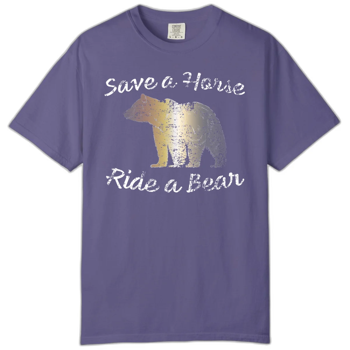 Distressed grunge bear illustration in orange and yellow with 'Save a Bear' text for wildlife conservation awareness in Grape