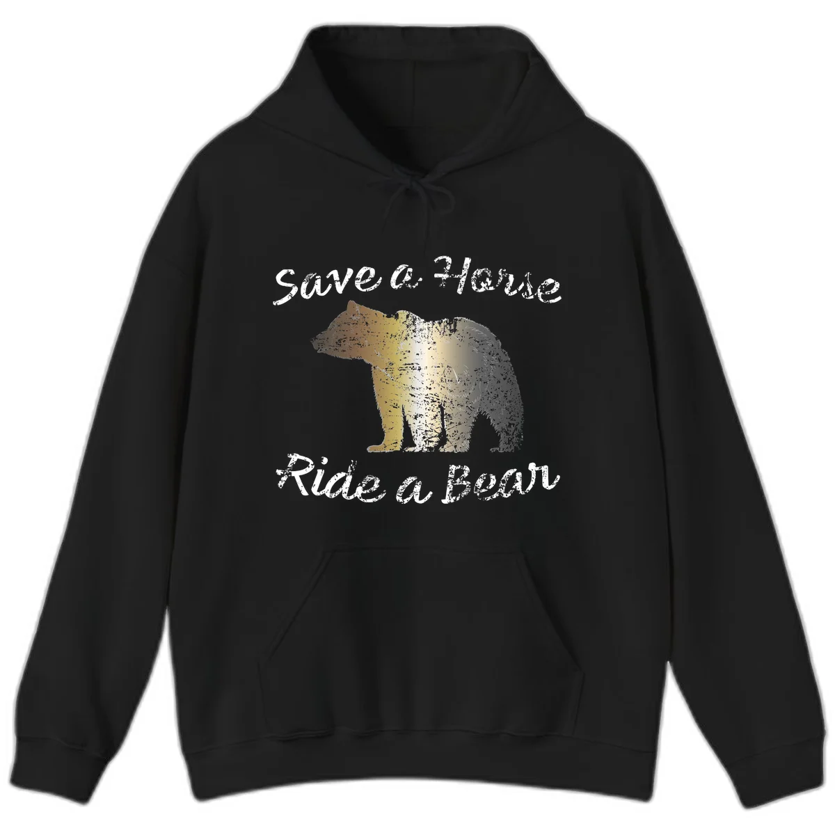 Distressed grunge bear illustration in orange and yellow with 'Save a Bear' text for wildlife conservation awareness in Black