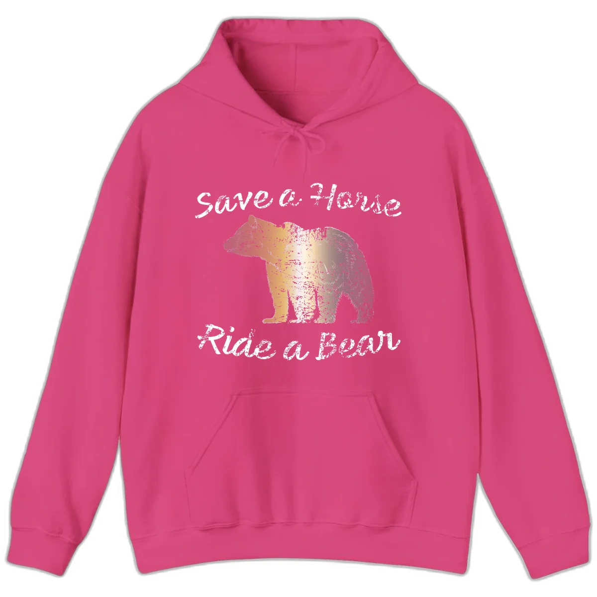 Distressed grunge bear illustration in orange and yellow with 'Save a Bear' text for wildlife conservation awareness in Heliconia