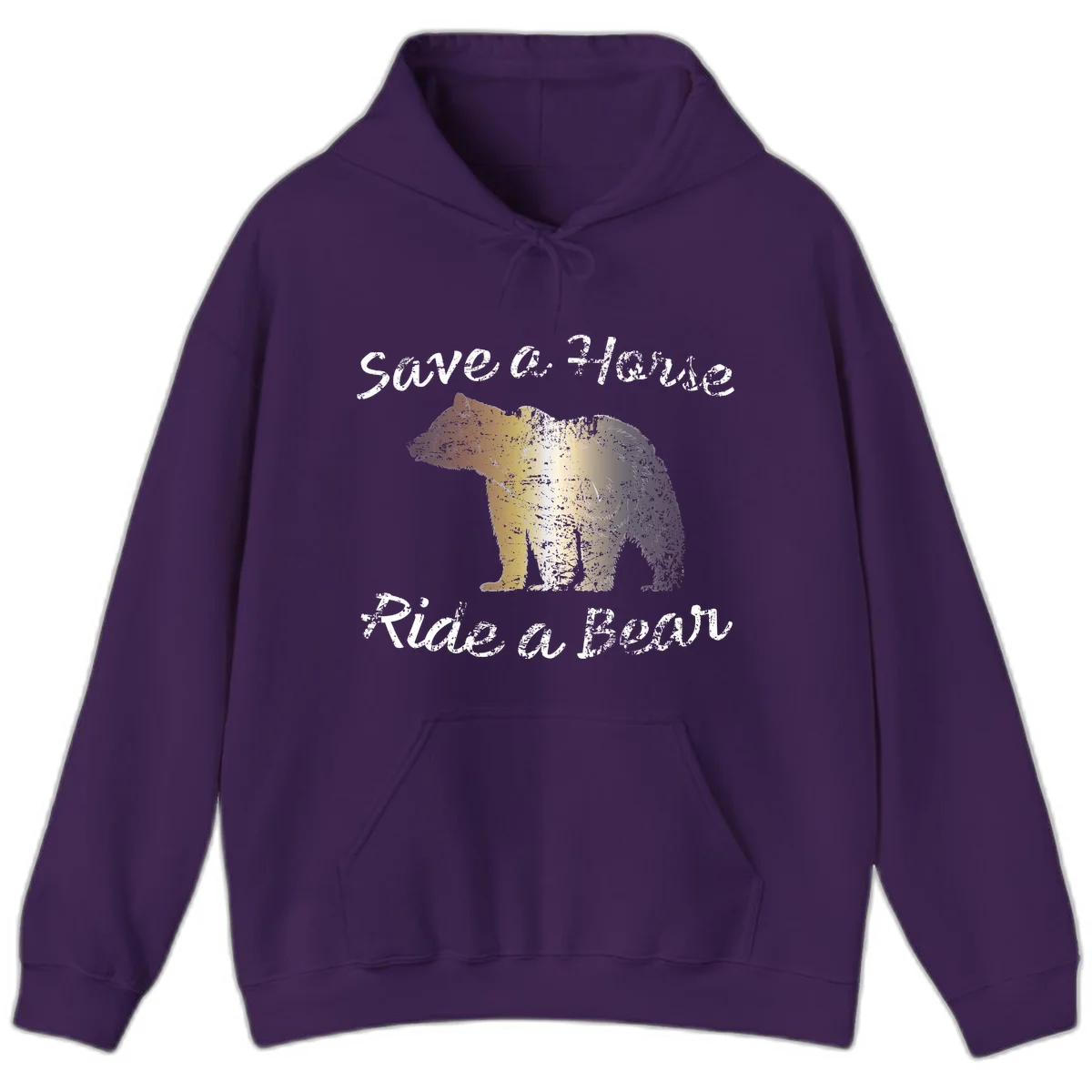 Distressed grunge bear illustration in orange and yellow with 'Save a Bear' text for wildlife conservation awareness in Purple
