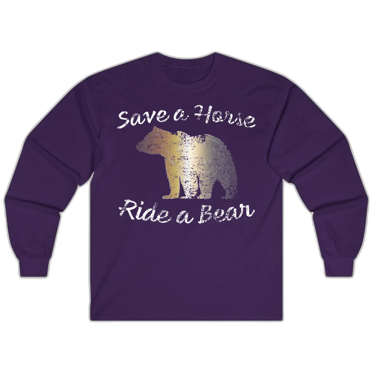 Distressed grunge bear illustration in orange and yellow with 'Save a Bear' text for wildlife conservation awareness in Purple