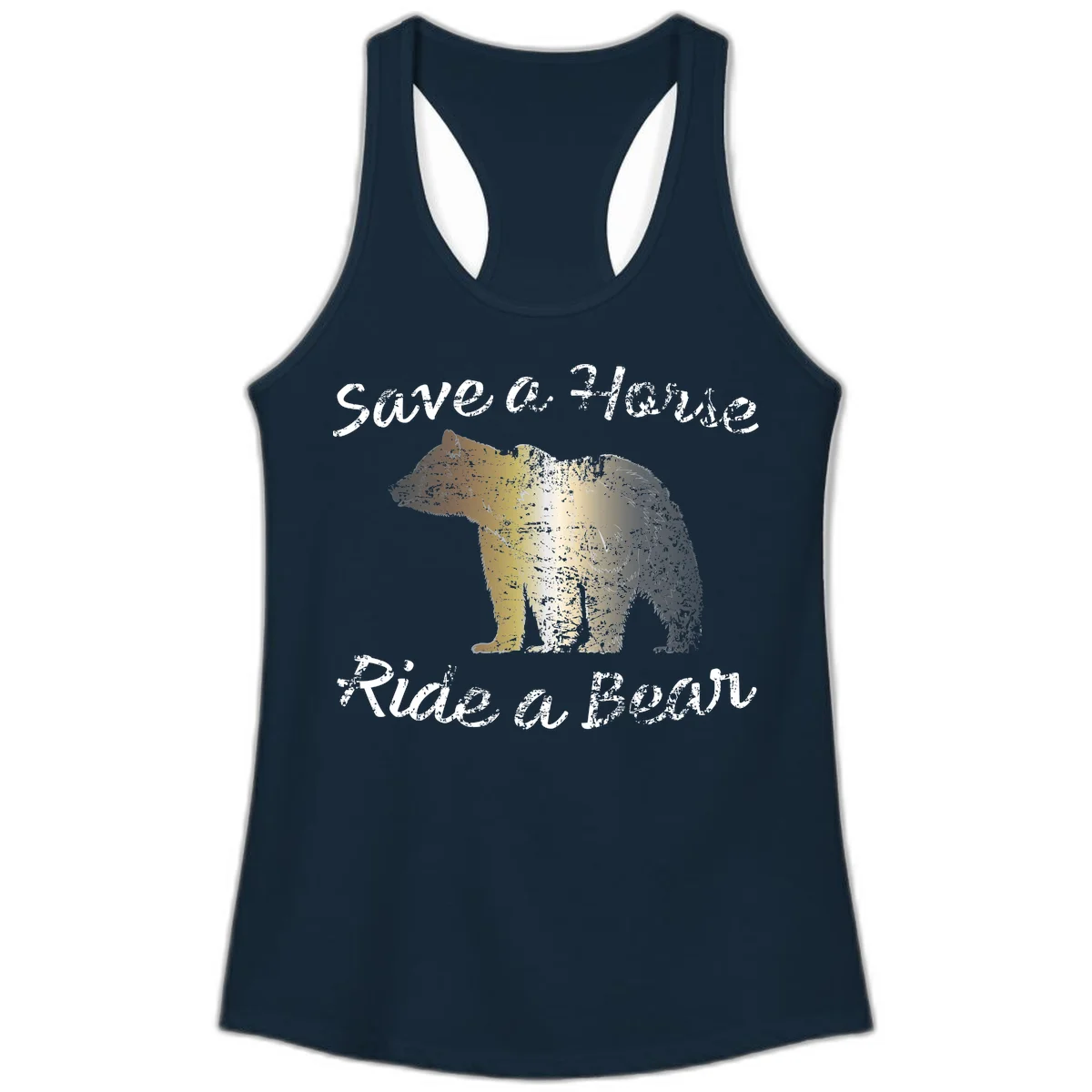 Distressed grunge bear illustration in orange and yellow with 'Save a Bear' text for wildlife conservation awareness in Solid Midnight Navy