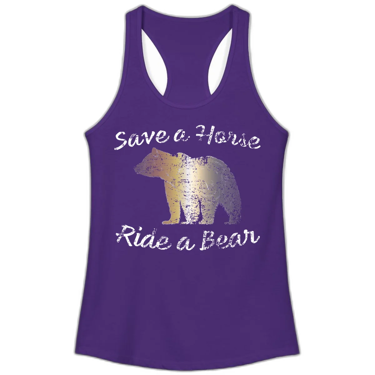 Distressed grunge bear illustration in orange and yellow with 'Save a Bear' text for wildlife conservation awareness in Solid Purple Rush