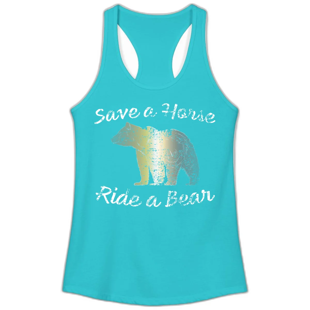 Distressed grunge bear illustration in orange and yellow with 'Save a Bear' text for wildlife conservation awareness in Solid Tahiti Blue