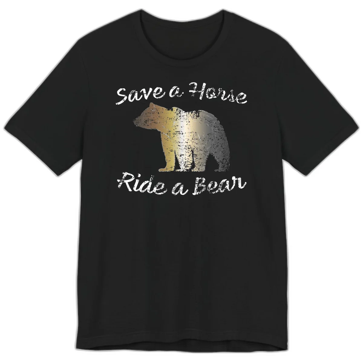 Distressed grunge bear illustration in orange and yellow with 'Save a Bear' text for wildlife conservation awareness in Black