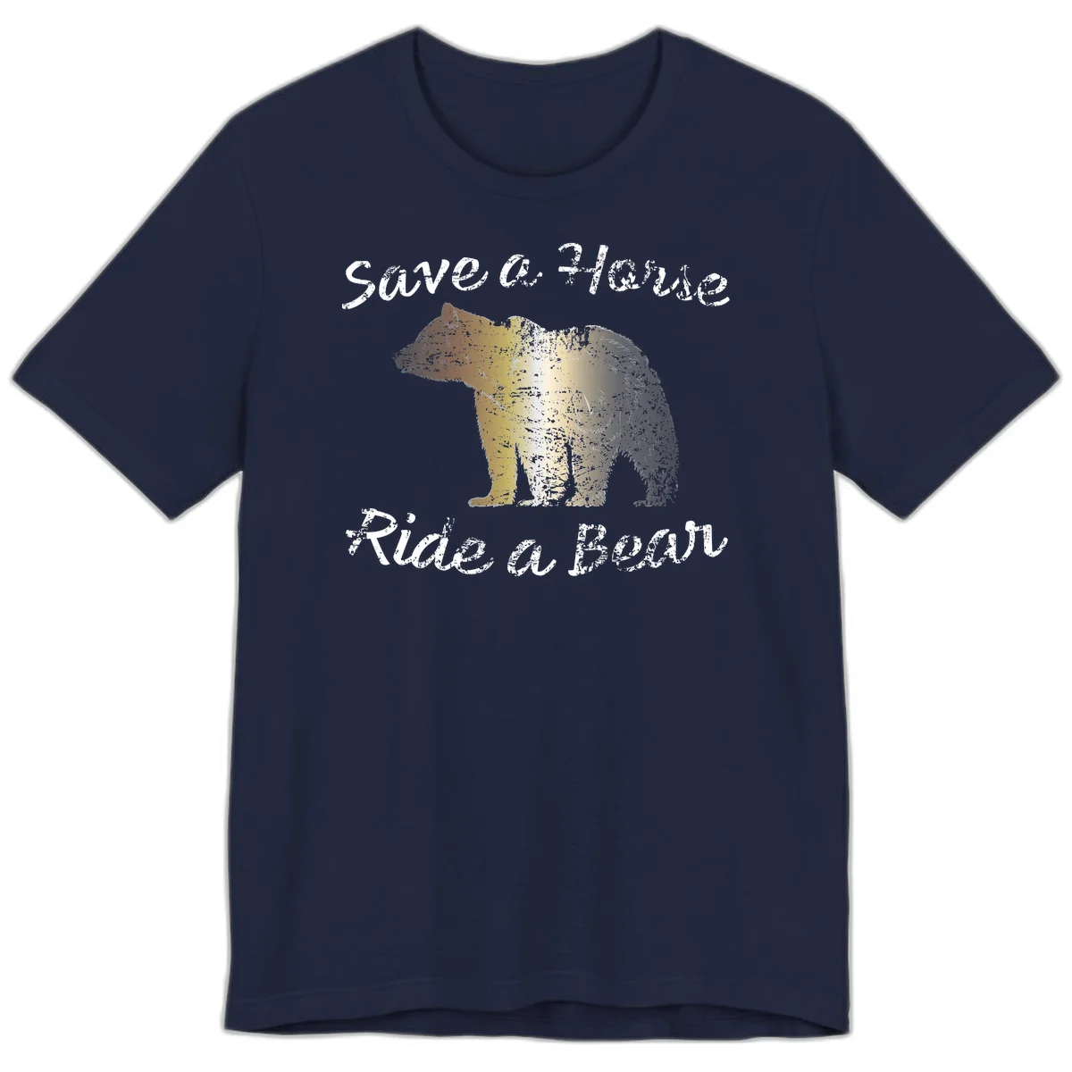 Distressed grunge bear illustration in orange and yellow with 'Save a Bear' text for wildlife conservation awareness in Navy