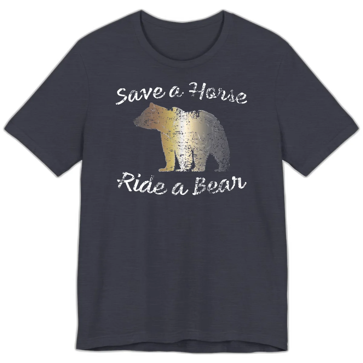 Distressed grunge bear illustration in orange and yellow with 'Save a Bear' text for wildlife conservation awareness in Heather Midnight Navy