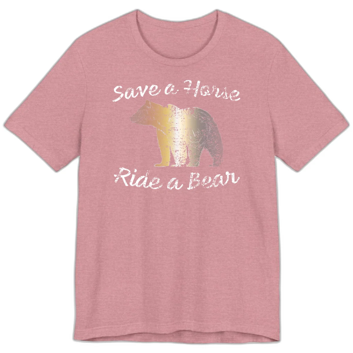 Distressed grunge bear illustration in orange and yellow with 'Save a Bear' text for wildlife conservation awareness in Heather Orchid