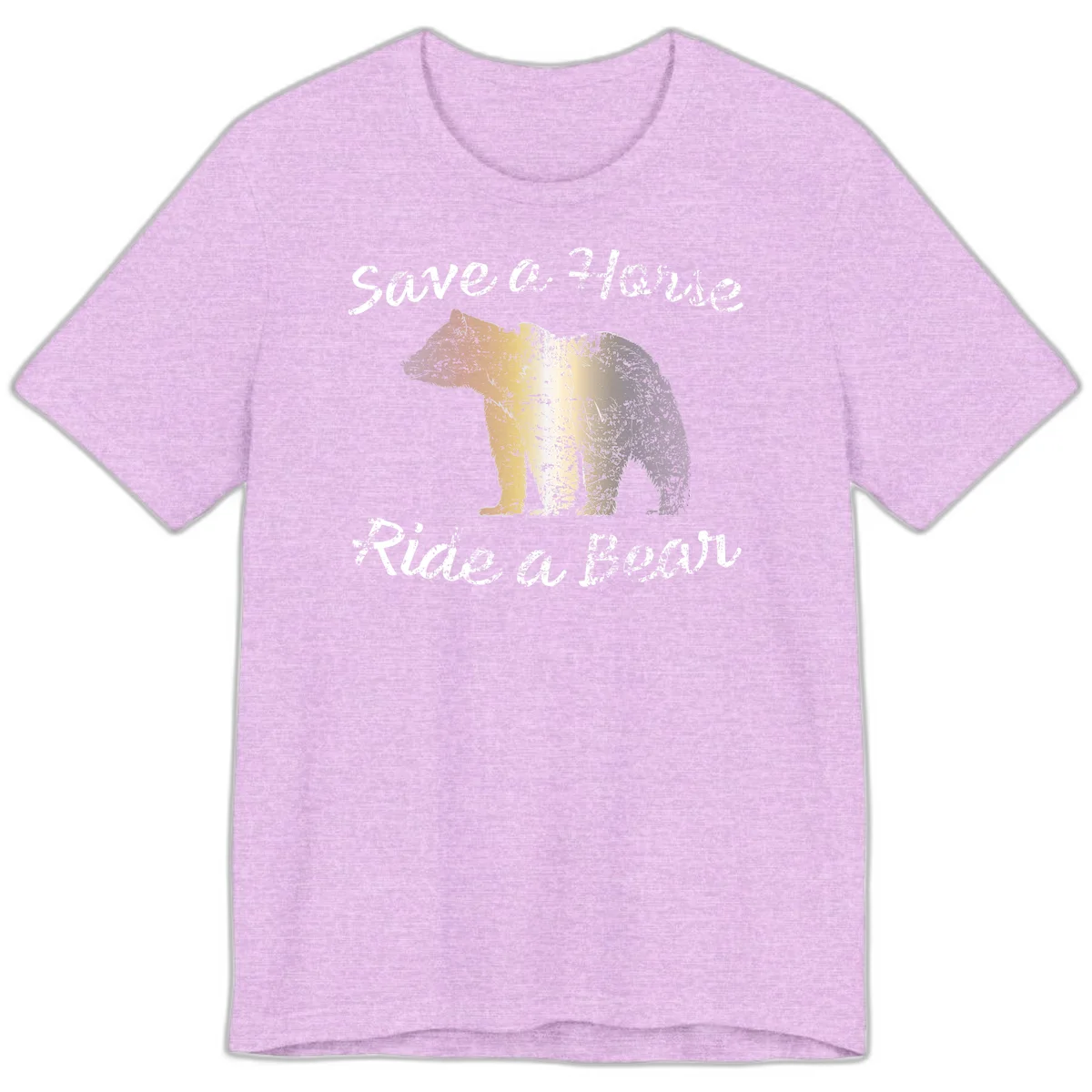 Distressed grunge bear illustration in orange and yellow with 'Save a Bear' text for wildlife conservation awareness in Heather Prism Lilac