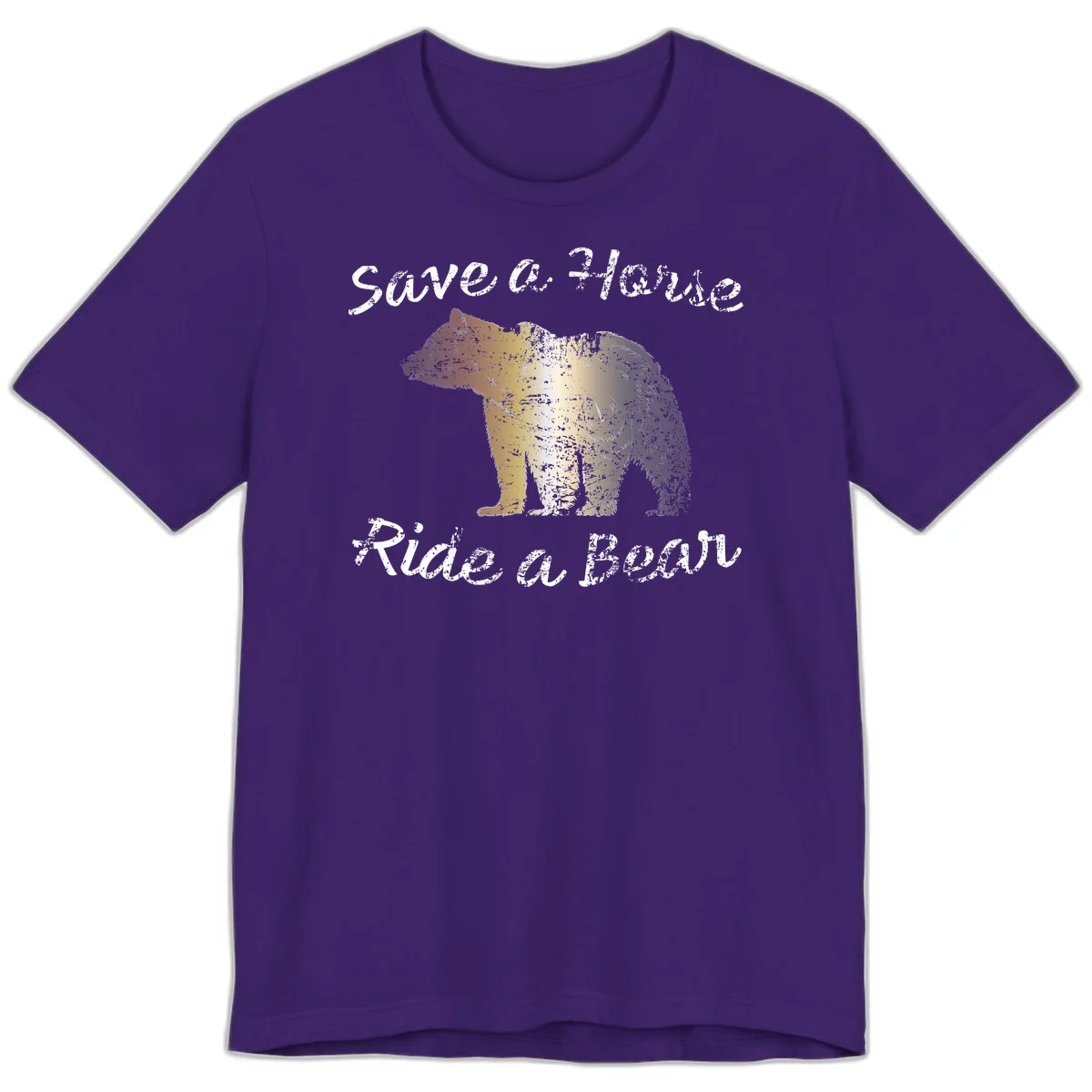 Distressed grunge bear illustration in orange and yellow with 'Save a Bear' text for wildlife conservation awareness in Team Purple