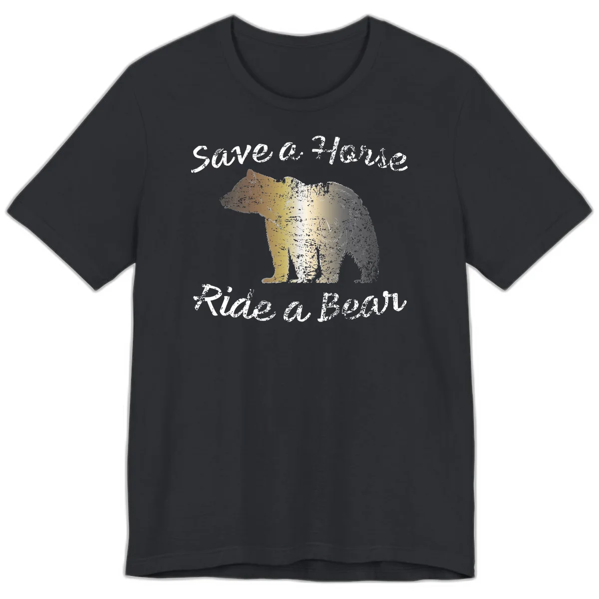 Distressed grunge bear illustration in orange and yellow with 'Save a Bear' text for wildlife conservation awareness in Vintage Black